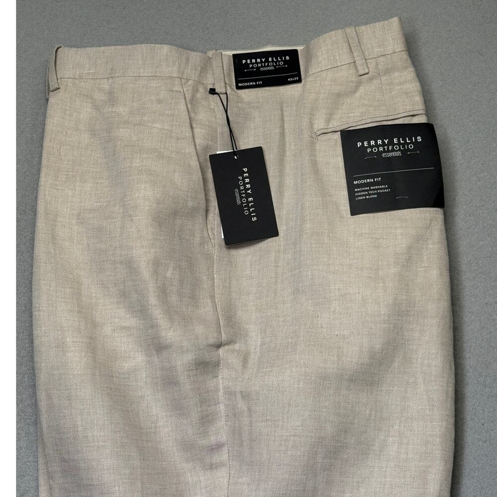 Perry Ellis Men's Modern-Fit Linen/Cotton Dress Pants natural linen 42x32 $95